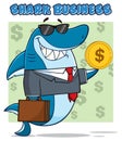 Smiling Business Shark Cartoon Mascot Character In Suit, Carrying A Briefcase And Holding A Golden Dollar Coin. Royalty Free Stock Photo