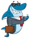 Smiling Business Shark Cartoon Mascot Character In Suit, Carrying A Briefcase And Holding A Thumb Up Royalty Free Stock Photo