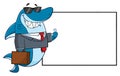 Smiling Business Shark Cartoon Mascot Character In Suit, Carrying A Briefcase And Holding A Thumb Up To Blank Board Royalty Free Stock Photo