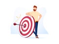 Smiling business stickman next to a large target. Talent search concept. Vector illustration.