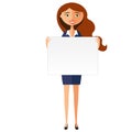 Smiling business woman with banner. Friendly young woman standing with board flat cartoon vector illustration.
