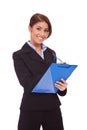 Smiling Business Woman With Blue Clipboard