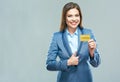 Smiling business woman blue suit dressed show plastic credit c Royalty Free Stock Photo