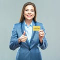 Smiling business woman blue suit dressed show plastic credit c Royalty Free Stock Photo