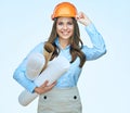 Smiling business woman engineer isolated portrait.