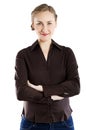 Smiling business woman with folded hands against white background. Toothy smile, crossed arms. Royalty Free Stock Photo