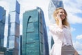 Smiling business woman having pleasant conversation on mobile phone Royalty Free Stock Photo