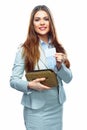 Smiling Business woman hold payment credit card and purse. Whit Royalty Free Stock Photo