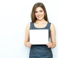 Smiling business woman hold white advertising board. Royalty Free Stock Photo