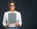 Smiling business woman holding blank sign board. Royalty Free Stock Photo