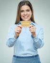 Smiling business woman holding credit card. Royalty Free Stock Photo