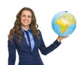 Smiling business woman holding earth globe Royalty Free Stock Photo