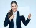 Smiling business woman holding white blank sign board. Royalty Free Stock Photo