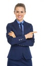 Smiling business woman pointing on copy space Royalty Free Stock Photo