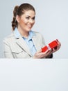 Smiling business woman red gift box hold Royalty Free Stock Photo