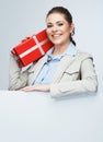 Smiling business woman red gift box hold. Royalty Free Stock Photo