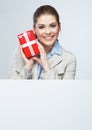 Smiling business woman red gift box hold Royalty Free Stock Photo