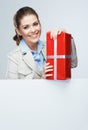 Smiling business woman red gift box hold. Royalty Free Stock Photo