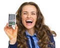 Smiling business woman showing calculator with hello inscription