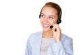 Smiling business woman speaking on headset on white. Portrait of a happy business woman speaking over the headset Royalty Free Stock Photo