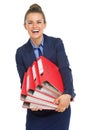 Smiling business woman with stack of folders Royalty Free Stock Photo