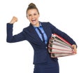 Smiling business woman with stack of folders Royalty Free Stock Photo