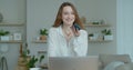 Smiling business woman talking mobile phone at home office. Portrait of joyful girl making phone call at remote Royalty Free Stock Photo