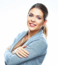 Smiling business woman white background isolated.