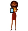 Smiling business young girl standing with tablet. Happy African American woman character with tablet. Pleasantly smiling business