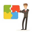 Smiling businessman assembling colorful jigsaw puzzle vector Illustration