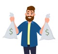 Young man is holding cash bags in hands. Man showing money bags. Business and finance concept illustration in vector cartoon. Royalty Free Stock Photo