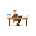 Smiling businessman character in a suit working on a laptop computer at his office desk vector Illustration Royalty Free Stock Photo