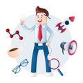 Smiling businessman dressed in a blue shirt with icons around - rocket, megaphone, magnifying glass, mug, glasses. Vector Royalty Free Stock Photo