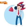 Smiling businessman dressed in a blue shirt with a tie holds the rocket on his shoulder. Vector character of a happy office