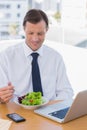 Smiling businessman eating a salad on his desk Royalty Free Stock Photo