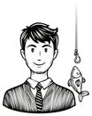 Smiling businessman with a fish on a hook representing business strategy or an enticing offer Royalty Free Stock Photo