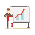 Smiling businessman giving a presentation and explaining growth graph on a whiteboard, vector Illustration Royalty Free Stock Photo