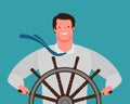 Smiling businessman at the helm of the ship. Business success, cartoon vector illustration