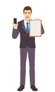 Smiling Businessman holding mobile phone and clipboard. Full length portrait of Businessman in a flat style Royalty Free Stock Photo