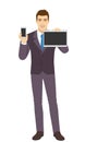 Smiling Businessman holding mobile phone and digital tablet PC. Full length portrait of Businessman in a flat style Royalty Free Stock Photo