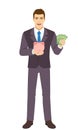 Smiling Businessman holding a piggy bank and showing a money. Full length portrait of Businessman in a flat style