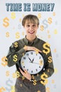 Smiling businessman holding wall clock in hands on white with dollar signs Royalty Free Stock Photo
