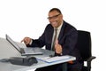 Smiling businessman with laptop posing thumbs up Royalty Free Stock Photo
