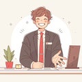 Smiling businessman offering handshake at desk in professional work environment