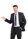 Smiling businessman pointing copy space. Royalty Free Stock Photo