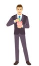 Smiling Businessman puts banknote in a piggy bank. Full length portrait of Businessman in a flat style