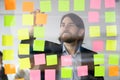 Smiling businessman reading tasks on sticky papers, post it notes