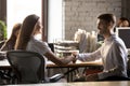 Smiling businessman shaking hand of businesswoman, new colleague Royalty Free Stock Photo