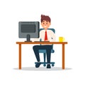 Smiling businessman sitting at the desk working with laptop computer, business character working in office cartoon