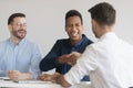 Smiling businessmen handshake getting acquainted at meeting Royalty Free Stock Photo